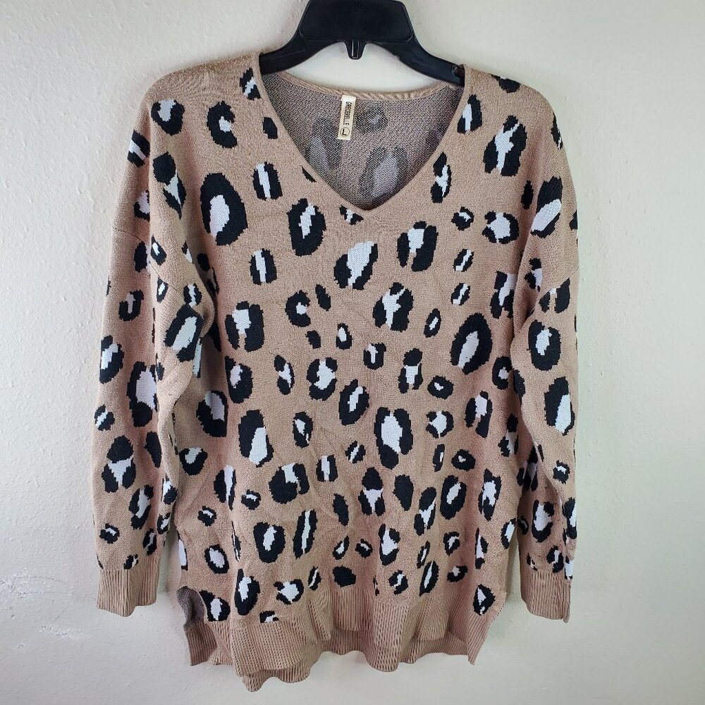 Grecerelle Womens Tan Leopard V-Neck Knit Pullover Sweater L